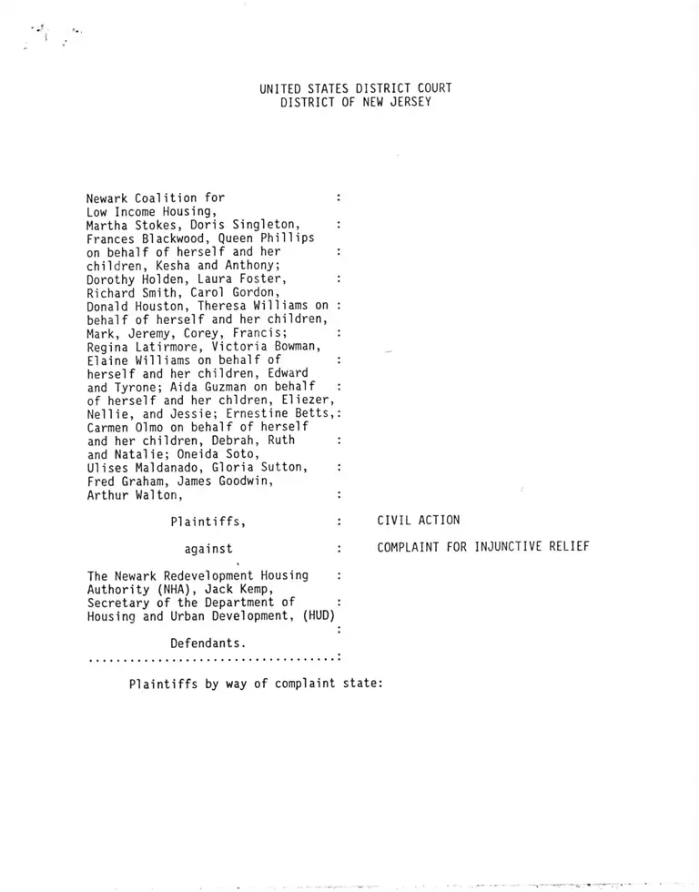 Newark Coalition for Low Income Housing v. Newark Redevelopment Housing Authority Complaint for Injunctive Relief preview