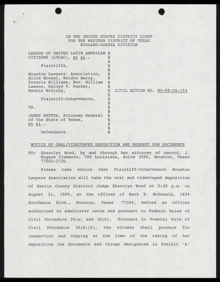 Notice of Oral/Videotaped Deposition and Request for Documents to Sharolyn Wood preview