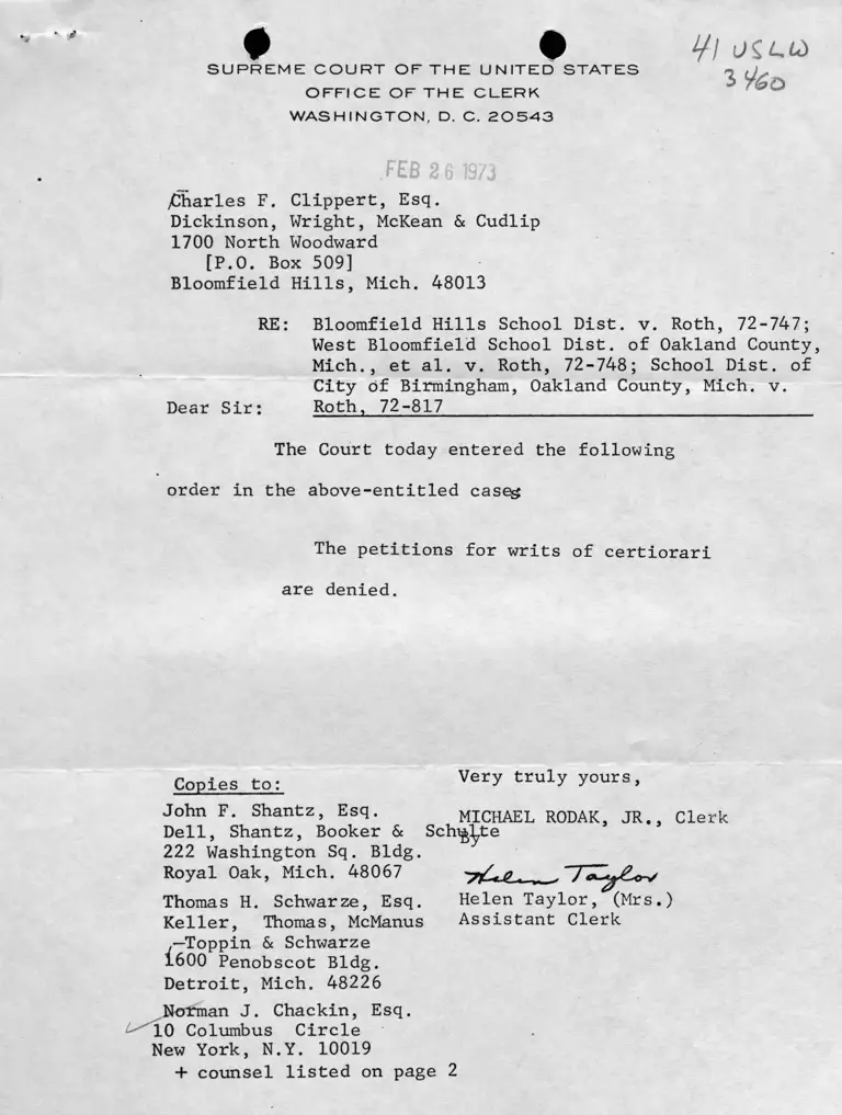 Letter from Rodak to All Counsel RE: Denial of Petitions for Writs of Certiorari preview