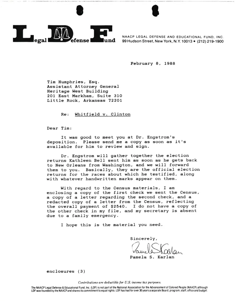 Correspondence from Pamela Karlan to Tim Humphries Re: Whitfield v. Clinton preview