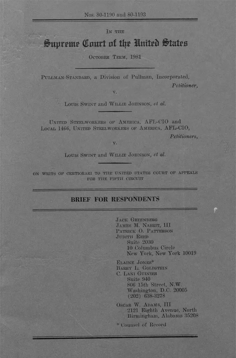 Pullman Standard Incorporated v. Swint Respondent's Brief for Respondents preview