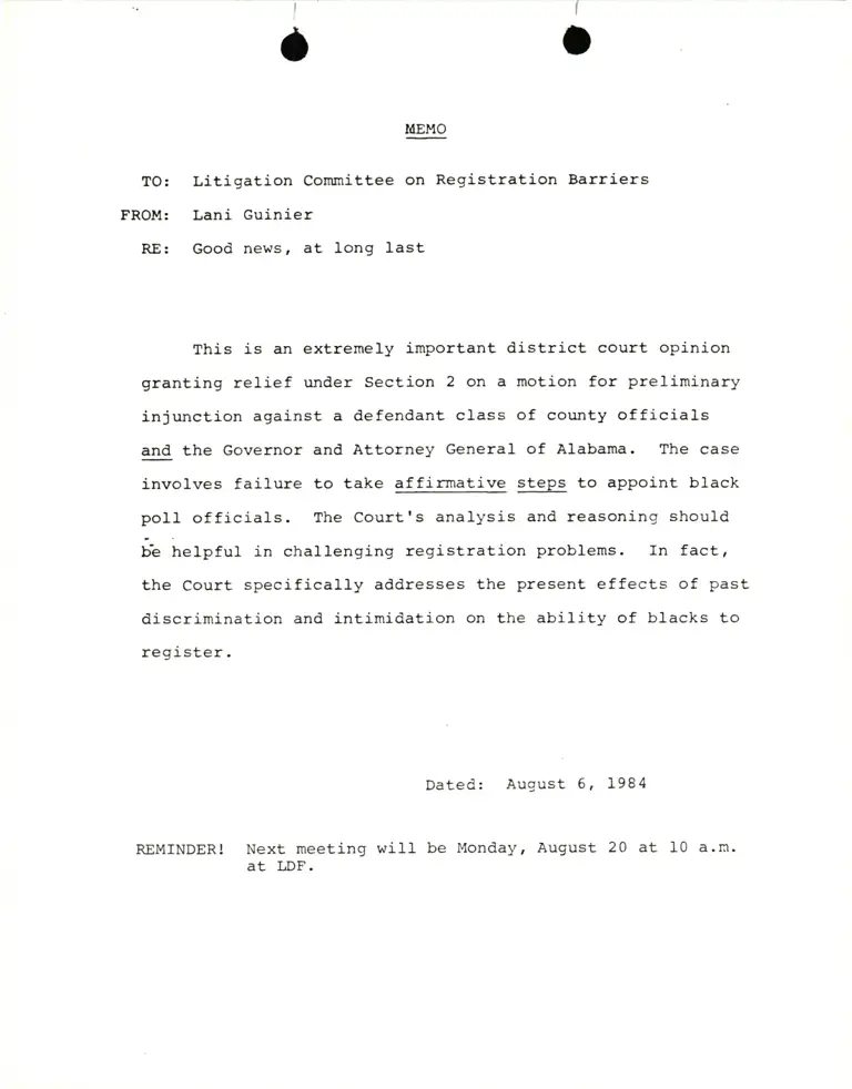 Memo from Lani Guinier to Litigation Committee on Registration Barriers RE Good news, at long last preview