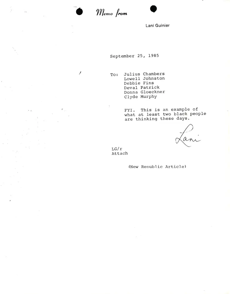 Memorandum from Lani Guinier to Chambers, Johnston, Fins, Patrick, Gloeckner, and Murphy preview