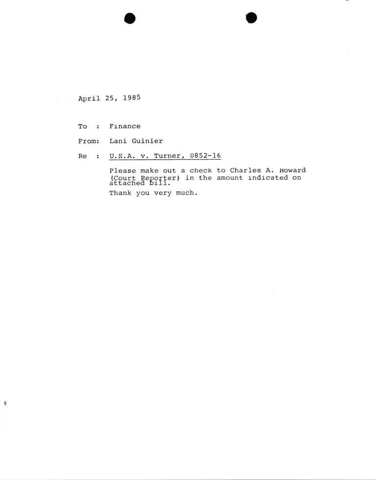 Correspondence from Lani Guinier to Finance Re United States v. Turner preview