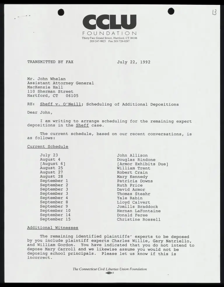 Correspondence from Tegeler to Whelan Re: Scheduling of Additional Depositions preview