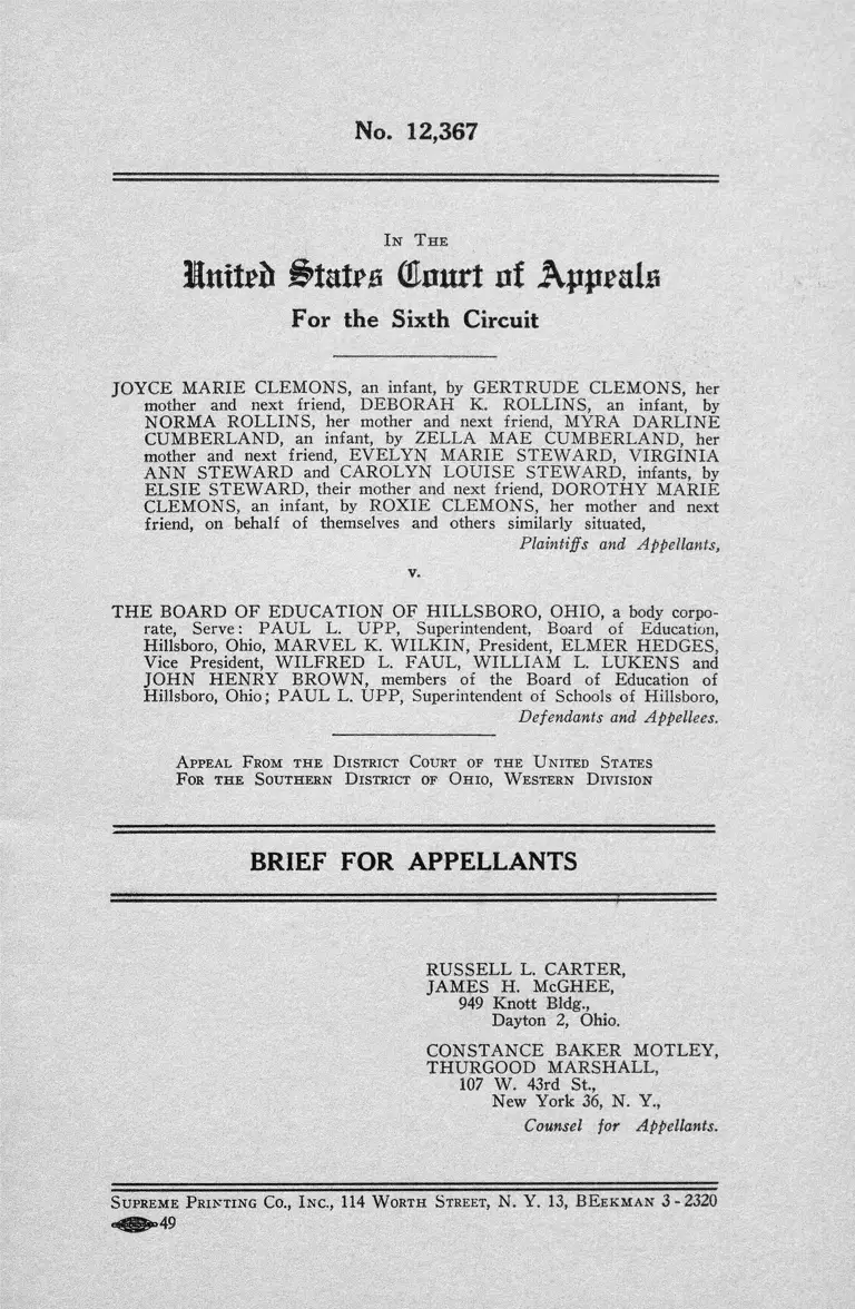 Clemons v. Hillsboro, OH Board of Education Brief for Appellants (No. 12,367) preview