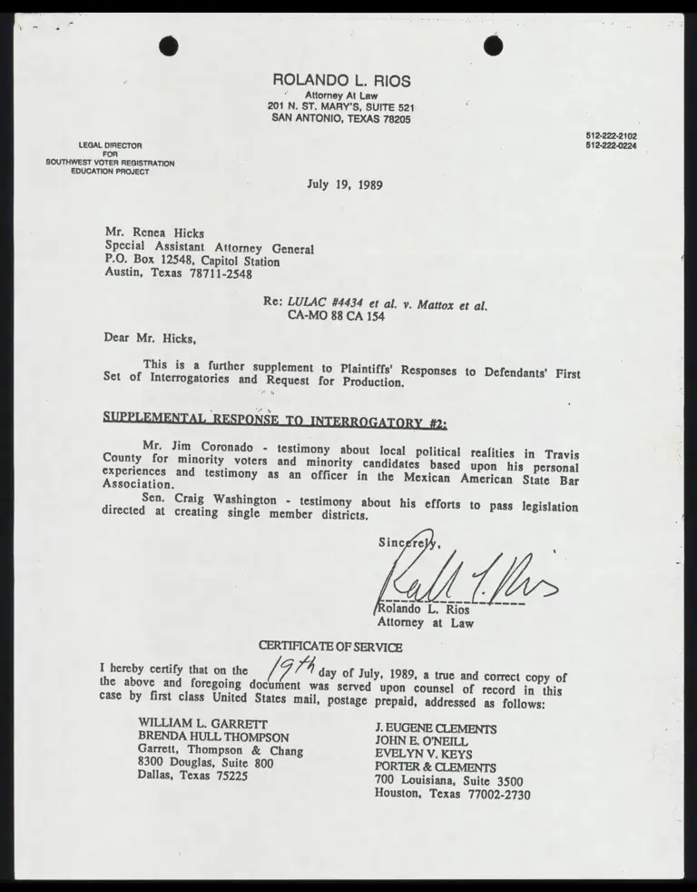 Correspondence from Rios to Hicks Re: Supplement to Interrogatories preview