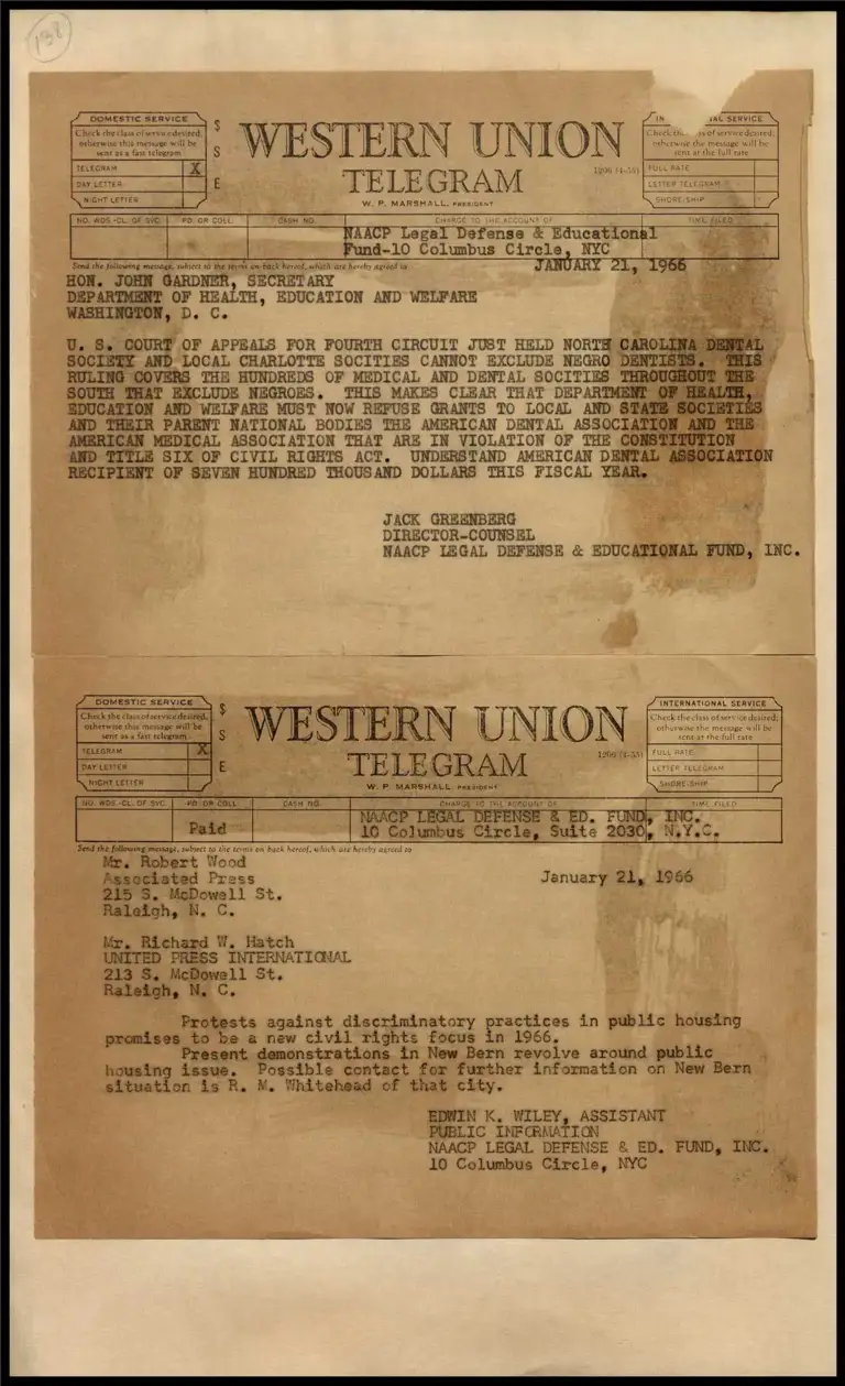 Telegrams re: Exclusion of Negro Dentists; Discriminatory Practices in Public Housing preview