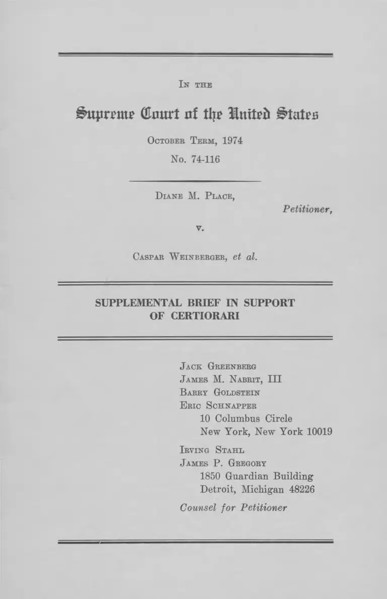 Place v. Weinberger Supplemental Brief in Support of Certiorari preview