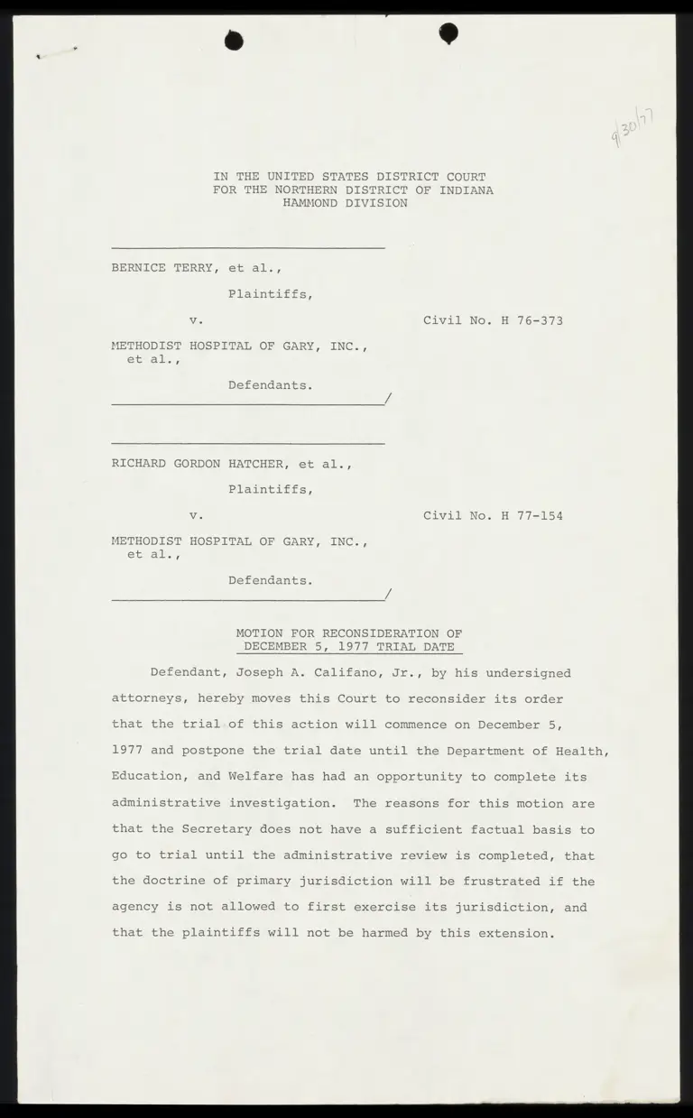 Motion for Reconsideration of Trial Date; Memorandum in Support; Correspondence from Dodds to Harding preview