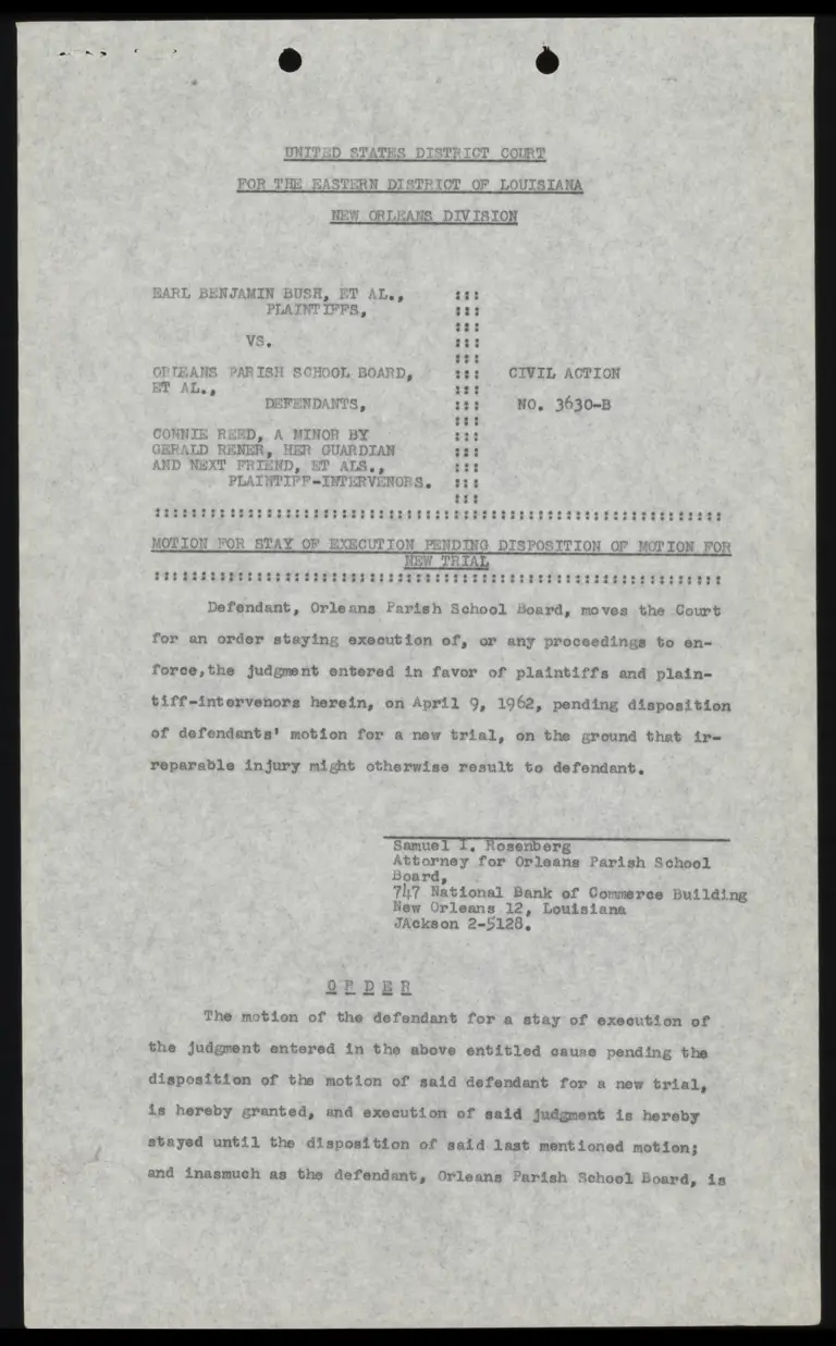 Motion for Stay of Execution Pending Disposition of Motion for New Trial; Memorandum preview