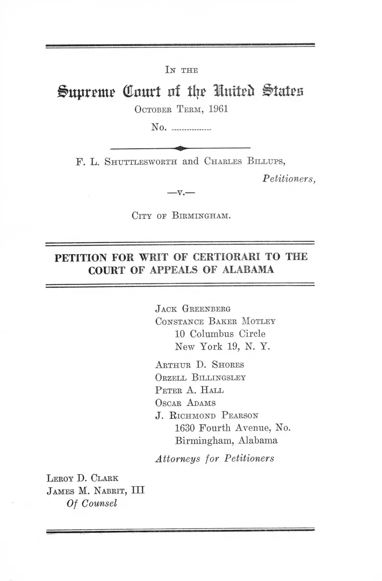 Shuttlesworth v Birmingham AL Petition for Writ of Certiorari preview