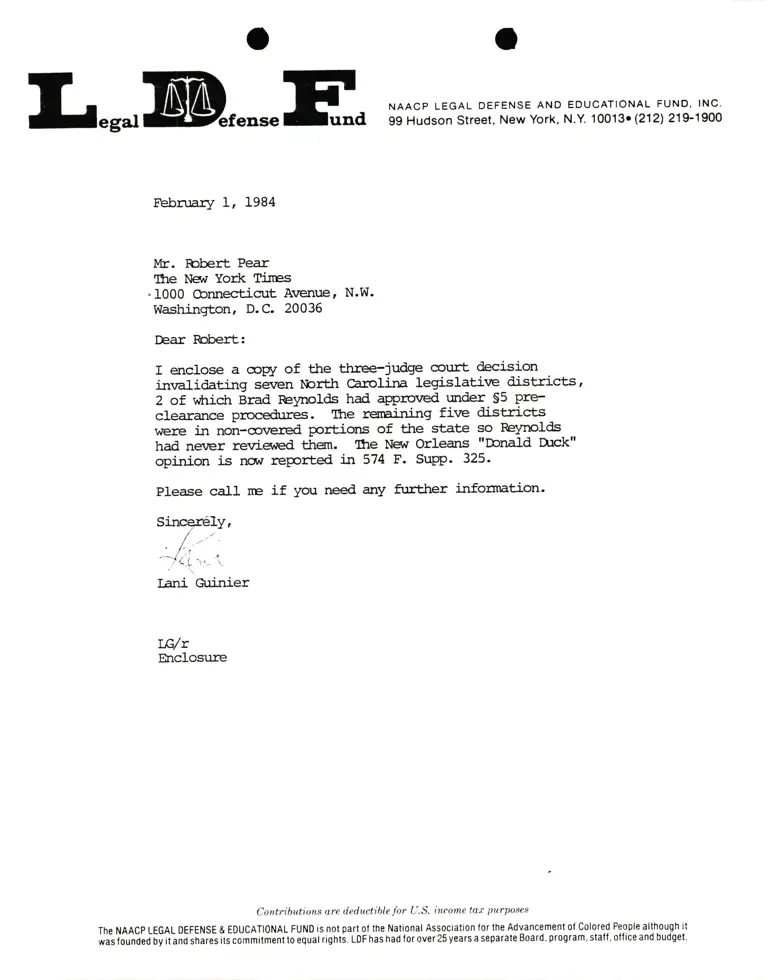 Letter from Lani Guinier to Robert Pear RE: Decision invalidating N.C. legislative districts preview