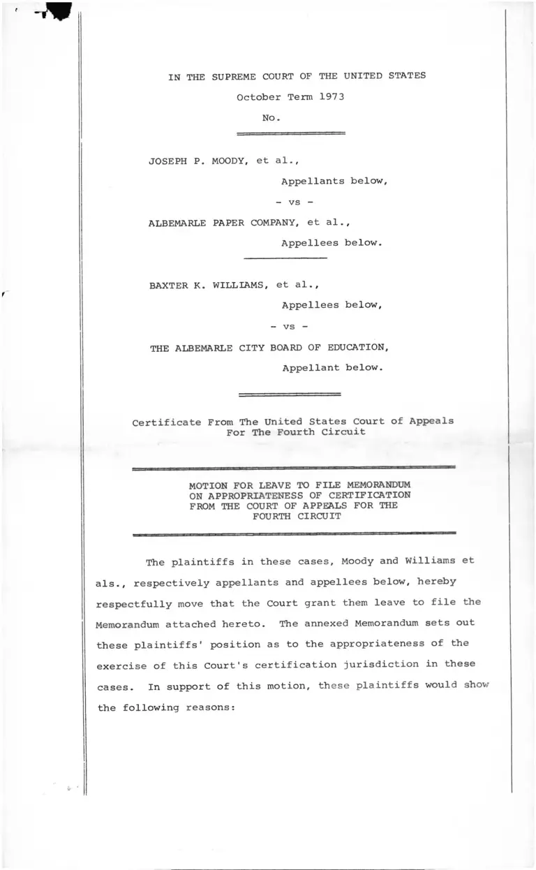 Moody v. Albemarle Paper Company Motion for Leave to File Memorandum on Appropriateness of Certification form the Court of Appeals for the Fourth Circuit preview