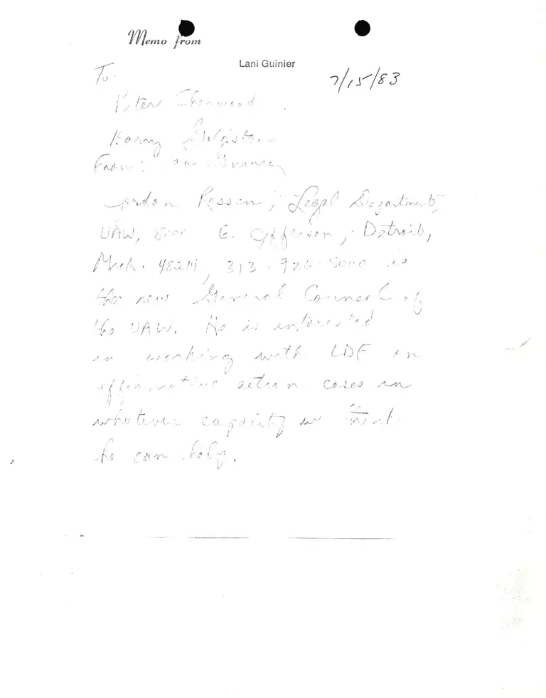 Memorandum from Lani Guinier to Peter Sherwood and Barry Goldstein preview