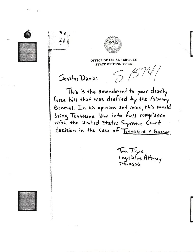 Correspondence from Tigue to Davis Re: Amendment SB741 preview