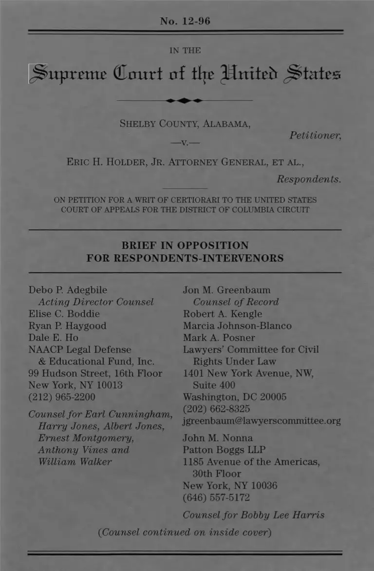 Shelby County v. Holder Brief in Opposition for Respondent Intervenors preview