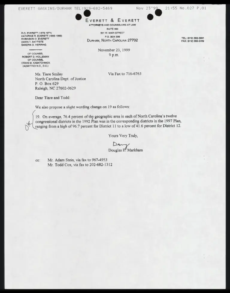 Fax from Markham to Smiley and Cox RE: Proposed Word Change preview