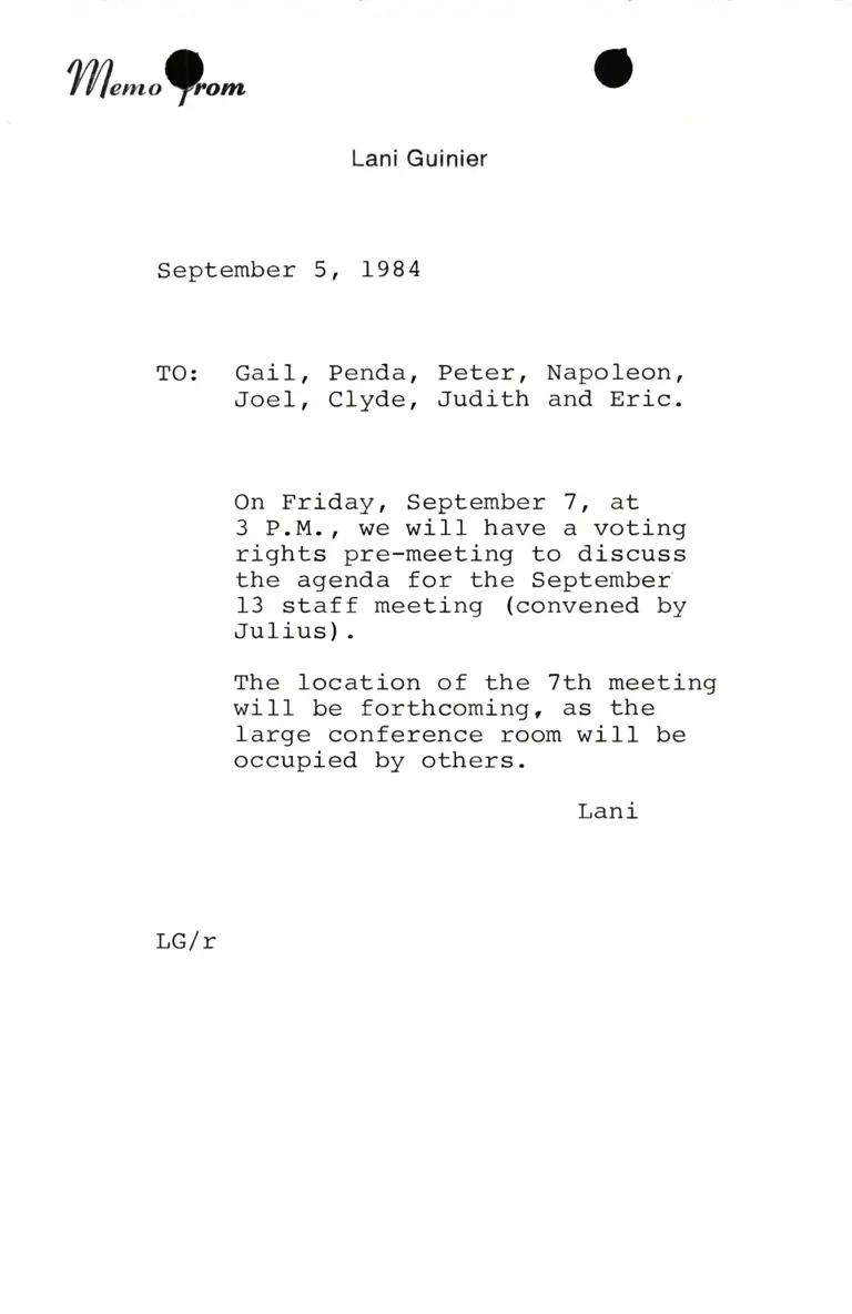 Memo from Lani Guinier RE Voting rights meeting preview