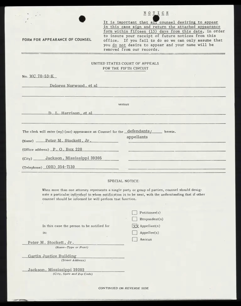 Form for Appearance of Counsel of Peter M. Stockett, Jr. preview