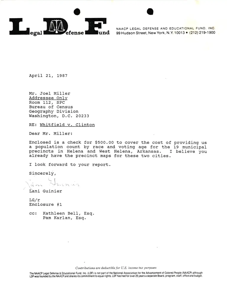 Correspondence from Lani Guinier to Joel Miller (Bureau of Census) Re Whitfield v. Clinton preview