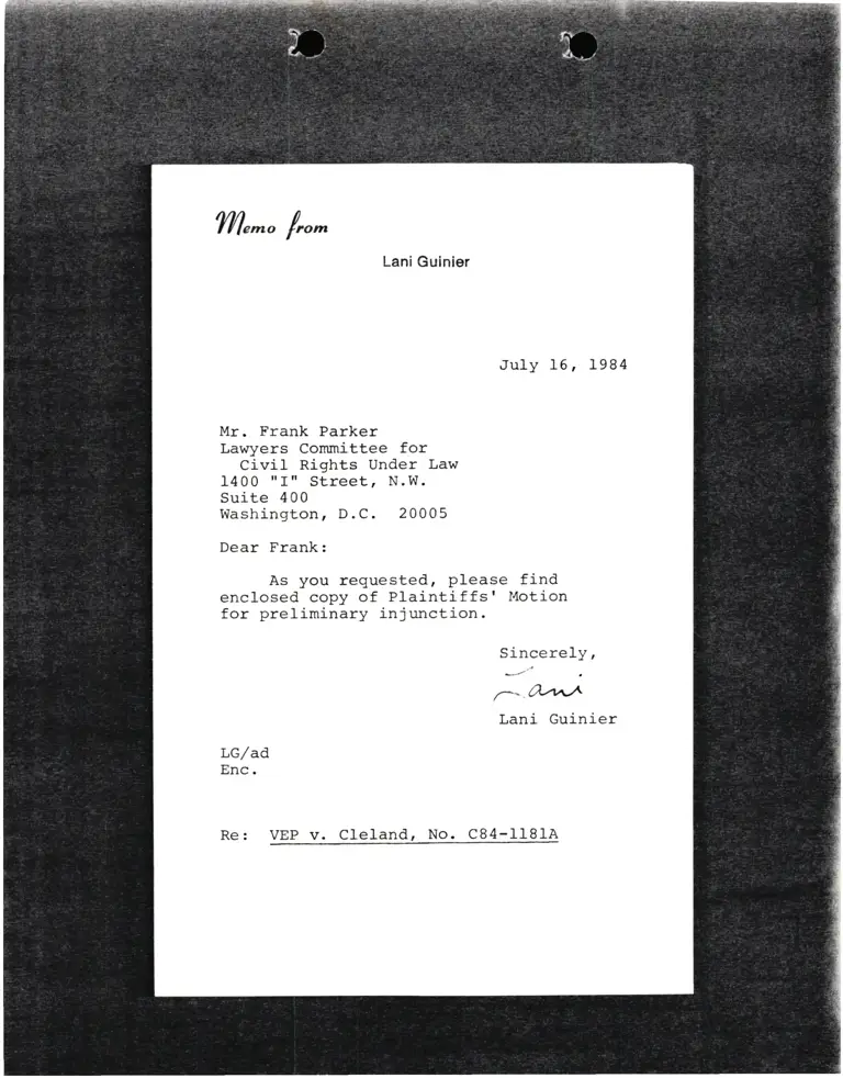 Letter from Lani Guinier to Frank Parker Re VEP v. Cleland preview