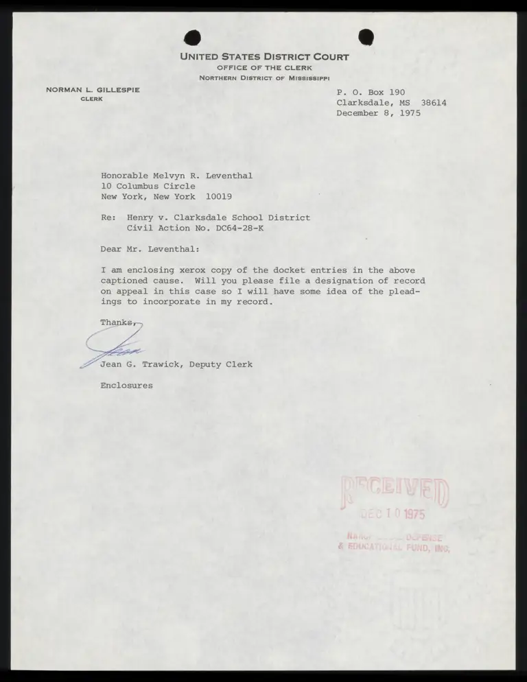 Correspondence from Clerk to Leventhal Re: Docket Entries; Receipt; Notice of Appeal preview