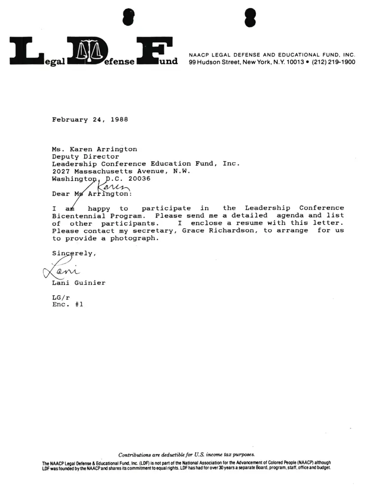 Correspondence from Lani Guinier to Karen Arrington (Leadership Conference Education Fund, Inc.) preview