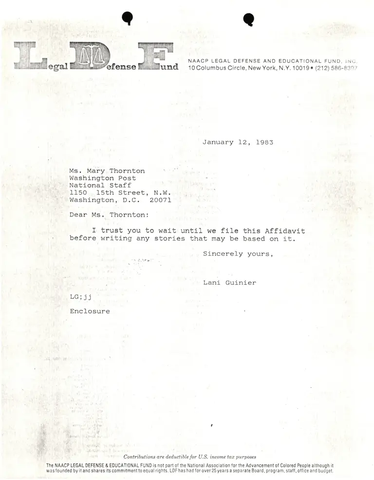 Correspondence from Lani Guinier to Mary Thornton (Washington Post) preview