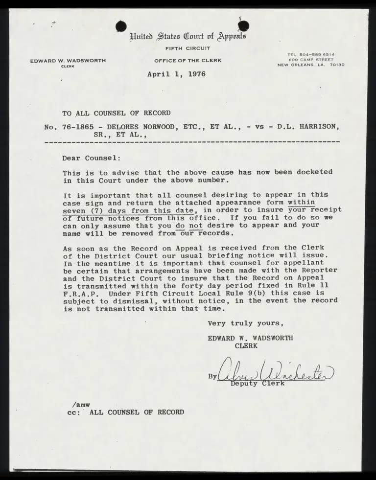 Correspondence from Clerk to All Counsel Re: Docketed Number preview