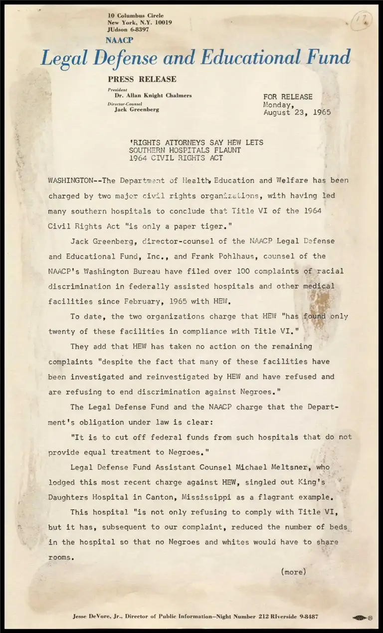 Rights Attorneys Say HEW Lets Southern Hospitals Flaunt 1964 Civil Rights Act preview
