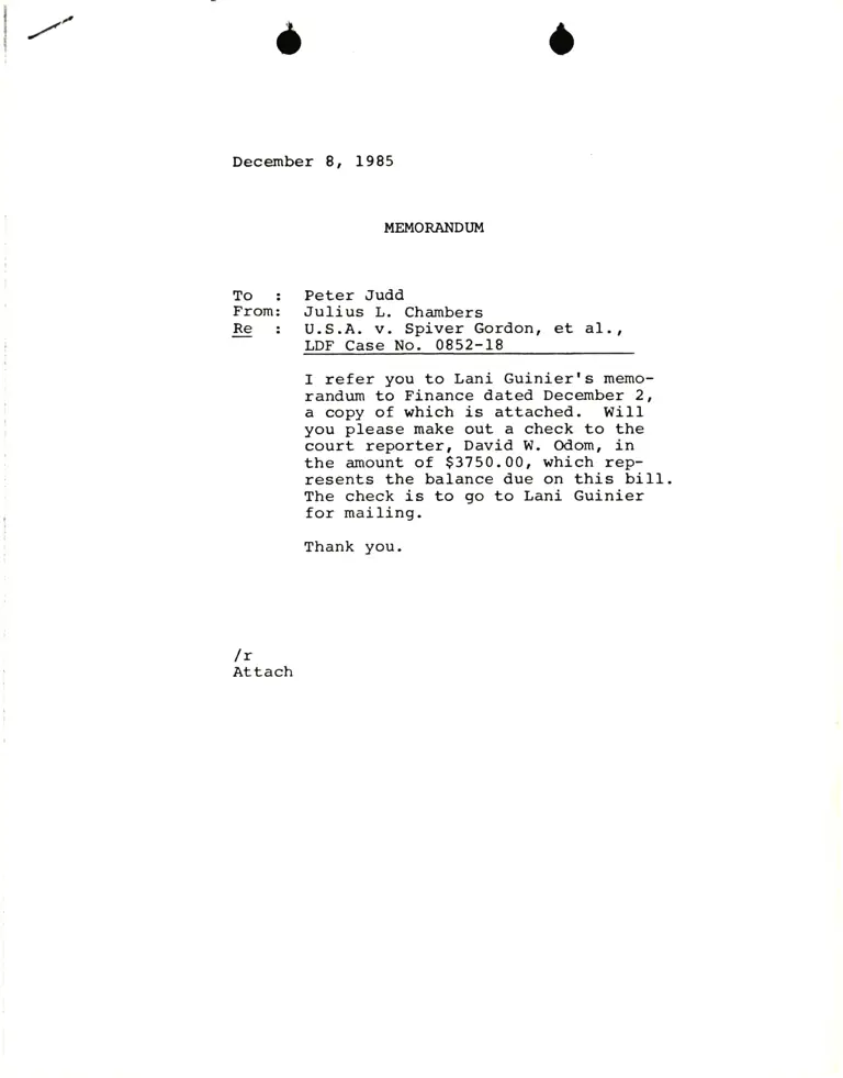Memorandum from Julius Chambers to Peter Judd Re: United States v. Spiver Gordon preview