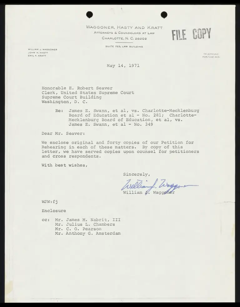 Correspondence from Waggoner to Clerk Re: Petition for Rehearing preview
