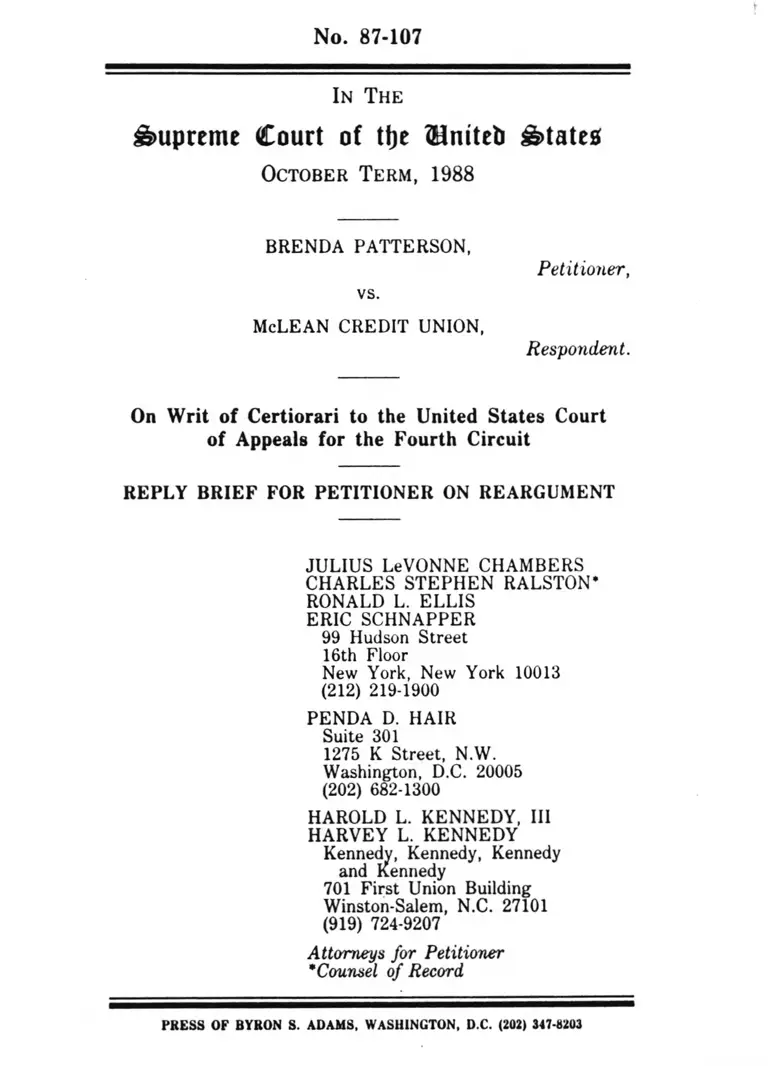 Patterson v. McLean Credit Union Reply Brief for Petitioner on Reargument preview