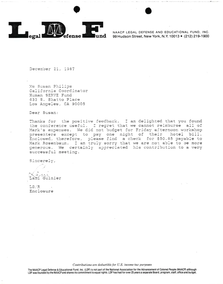 Correspondence from Lani Guinier to Susan Phillips (Human SERVE Fund) preview