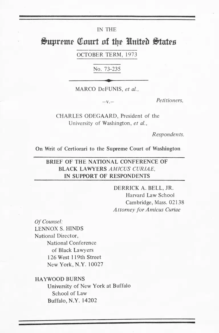 DeFunis v. Odegaard Brief Amicus Curiae of the National Conference of Black Lawyers preview