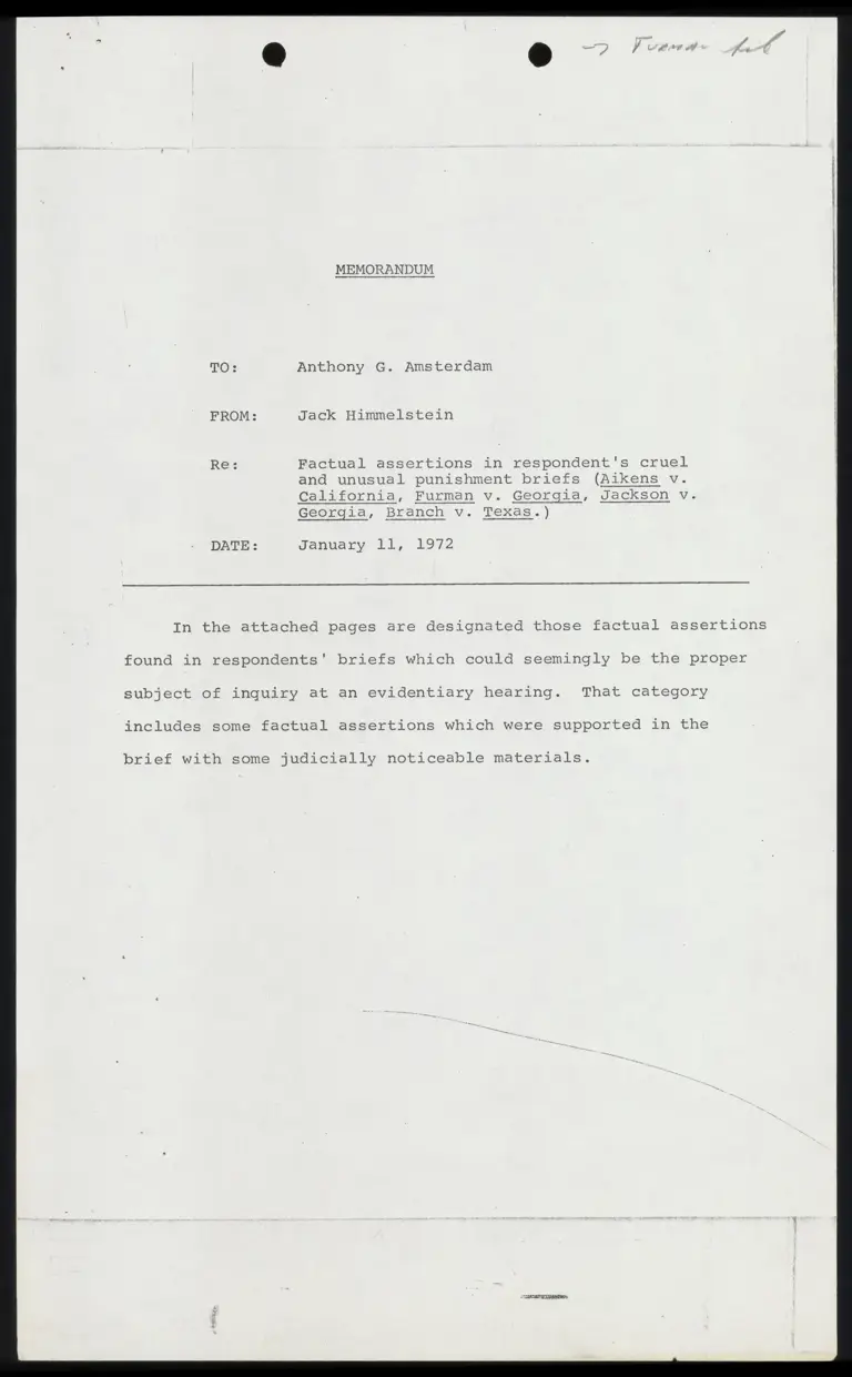 Memo from Himmelstein to Amsterdam Re Respondent's Cruel and Unusual Punishment Briefs preview