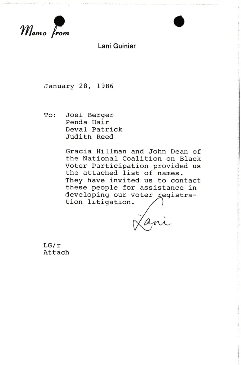 Memorandum from Lani Guinier to Joel Berger, Penda Hair, Deval Patrick, and Judith Reed preview