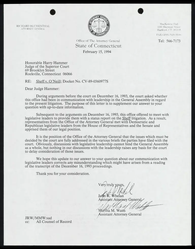 Correspondence from Whelan and Watts to Judge Hammer Re: Transcript Reading Clarifications preview