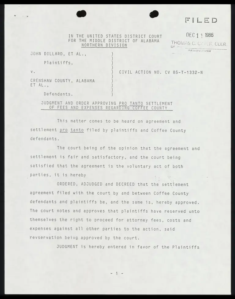 Judgment and Order Approving Pro Tanto Settlement of Fees and Expenses Re Coffee County preview