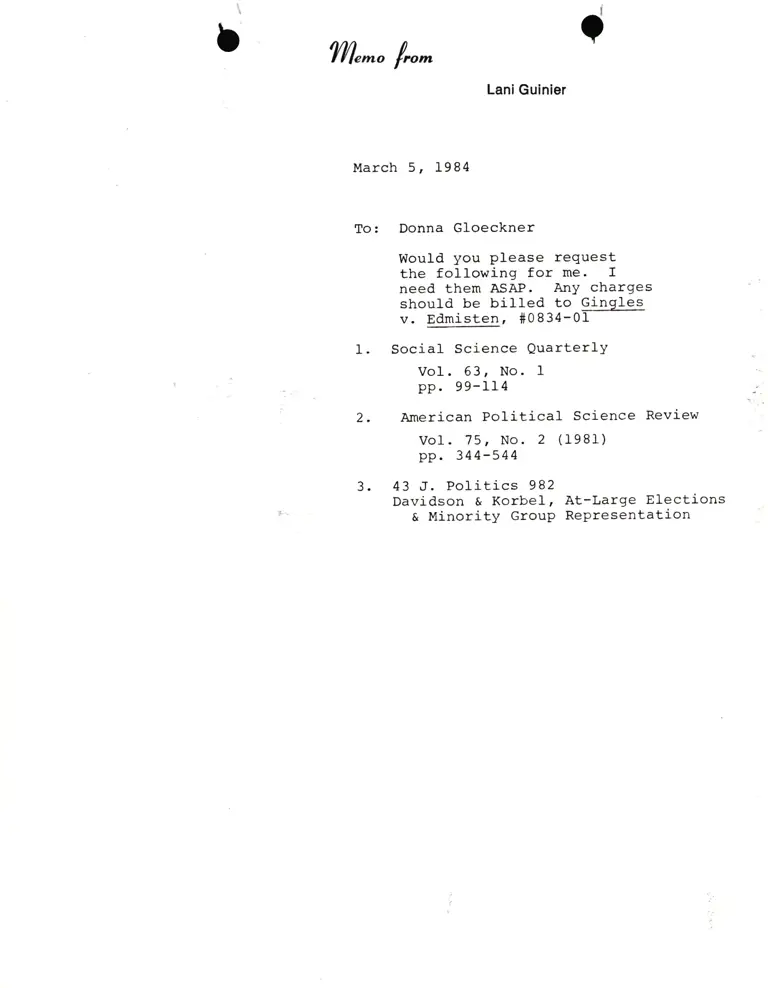 Requests from: Lani Guinier to: Donna Gloeckner preview