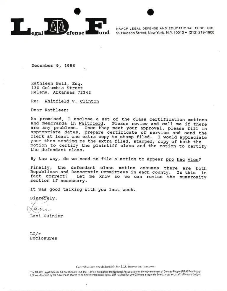 Correspondence from Lani Guinier to Kathleen Bell Re: Whitfield v. Clinton preview