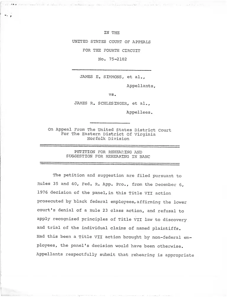 Simmon v Schlesinger Petition and Suggestions for Hearing in Banc preview
