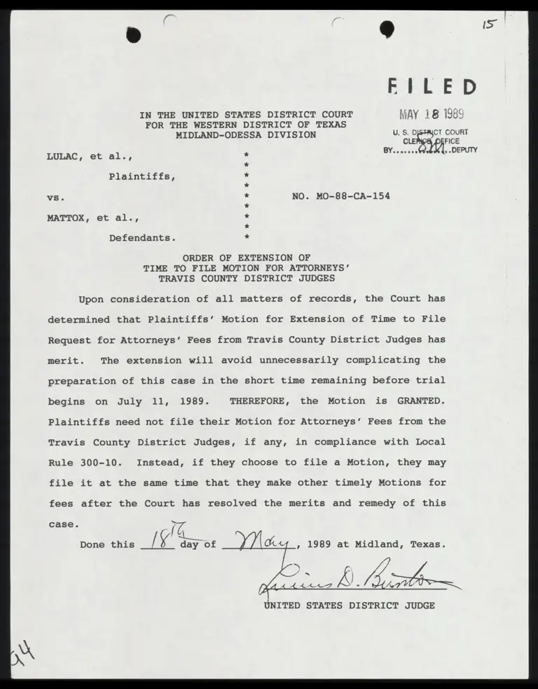 Order of Extension of Time to File Motion for Attorneys' Travis County Distrct Judges preview