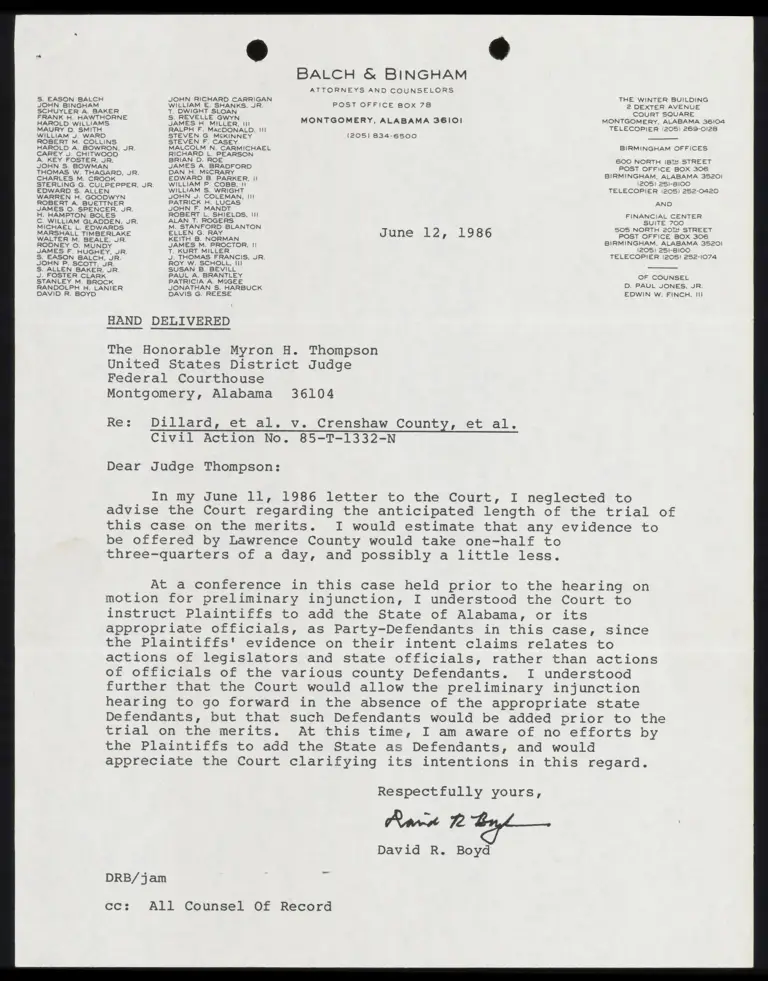Letter from David Boyd to Judge Thompson RE: Preliminary Injunction and Addition of State of Alabama as Party-Defendants preview