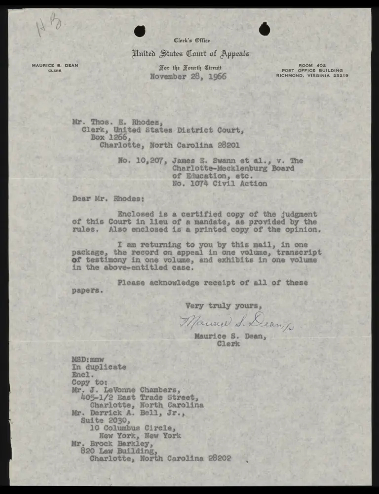 Correspondence from Clerk Dean to Clerk Rhodes Re: Judgment preview