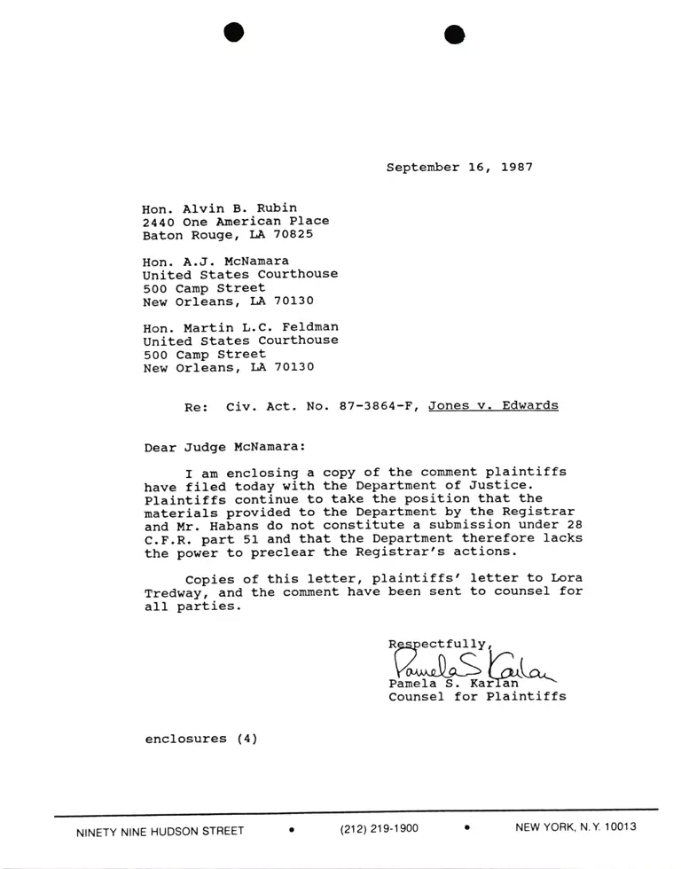 Correspondence from Pamela Karlan to Judges Alvin B. Rubin, A.J. McNamara, and Martin L.C. Feldman Re: Jones v. Edwards preview
