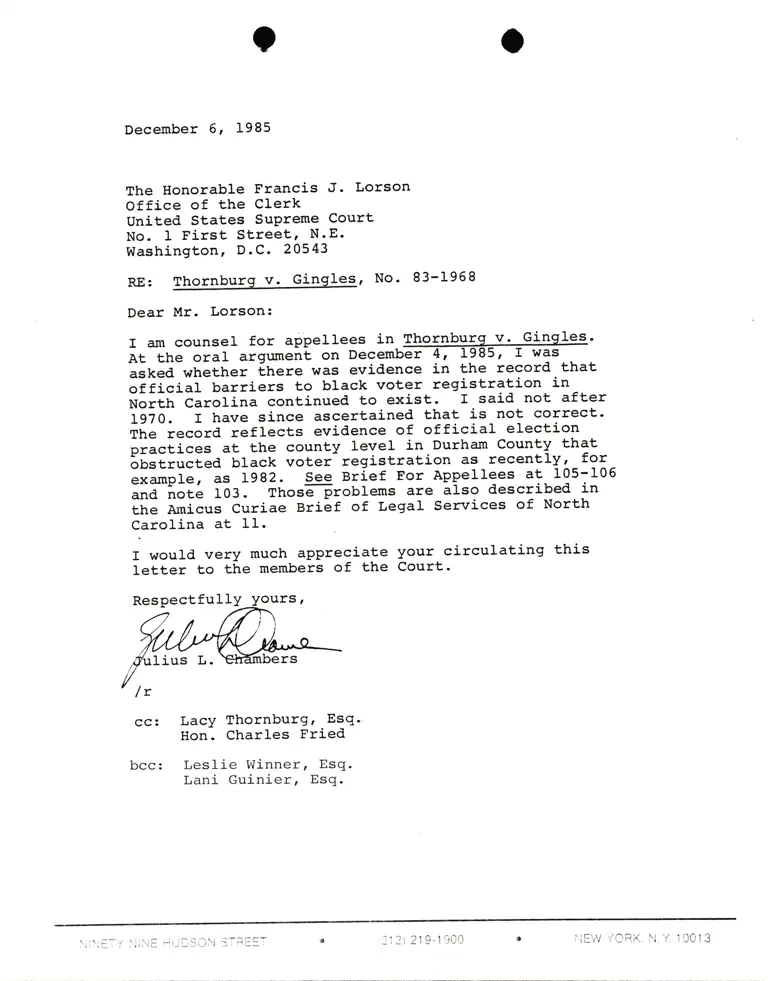 Correspondence from Lani Guinier to Francis J. Lorson (Office of the Clerk) Re: Thornburg v. Gingles preview