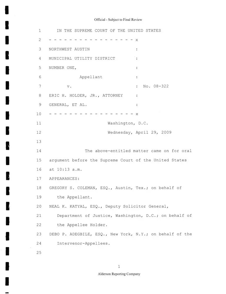 Northwest Austin Municipal Utility Distr. One v. Holder Transcript of Oral Arguments preview