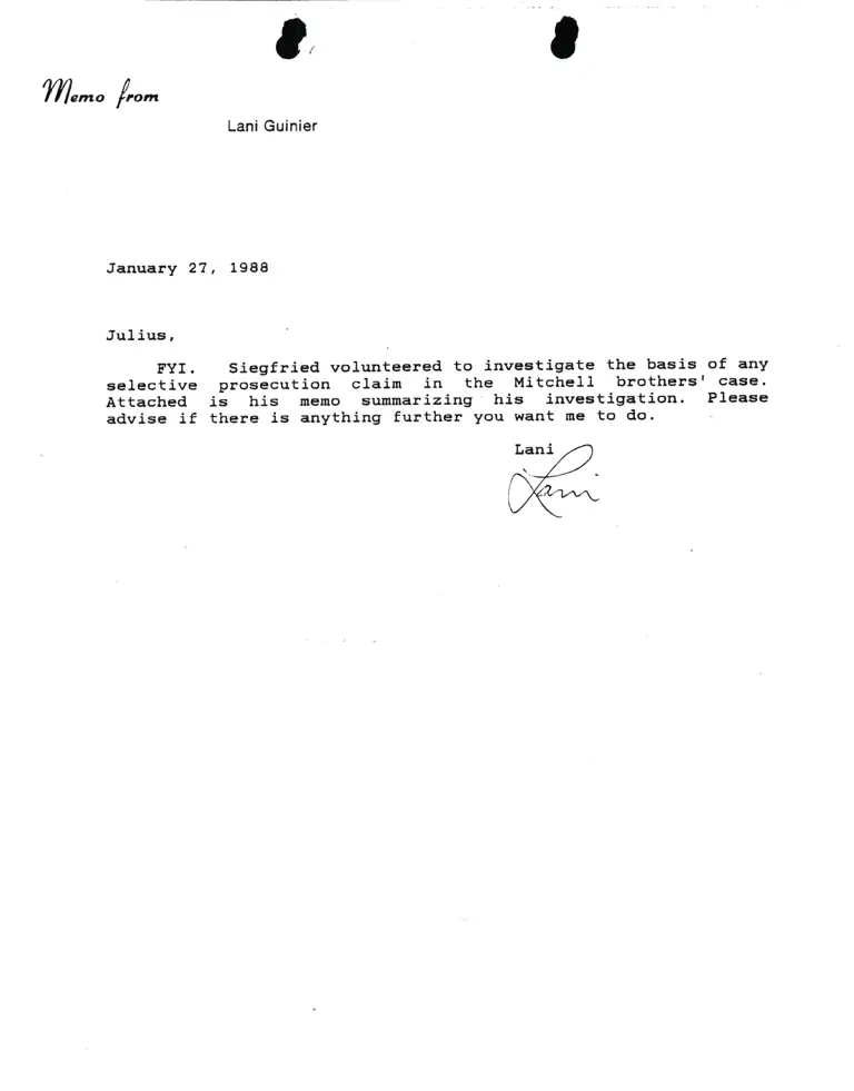 Correspondence from Lani Guinier to Julius Chambers preview